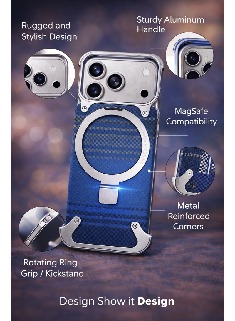 iPhone 17 Pro Case with Magnetic Ring Stand, Wireless Charging Compatible, Premium Metal Frame, Arctic Blue Carbon Fiber Texture, Slim Shockproof Protective Cover - Image 3